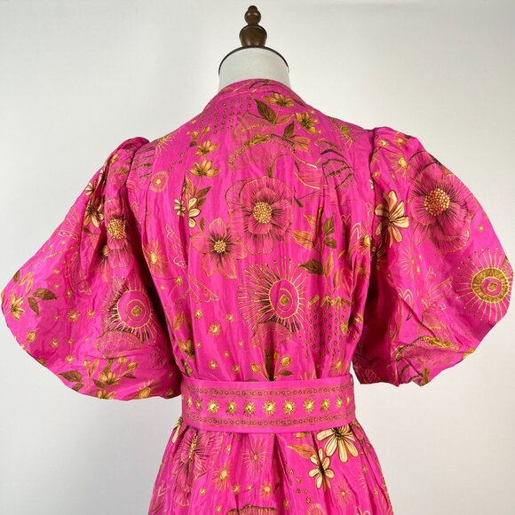 NWOT Farm Rio x Anthropologie Beaded Belt Puff Sleeve Pink Mini Dress Sz M - Picture 7 of 12